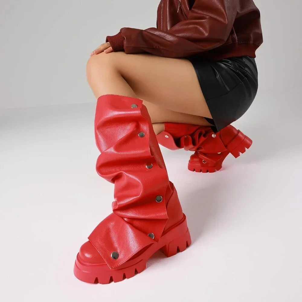 Women's Red Pu Fold Over Knee Slouchy Ruched Stacked Heel Round Toe Boots